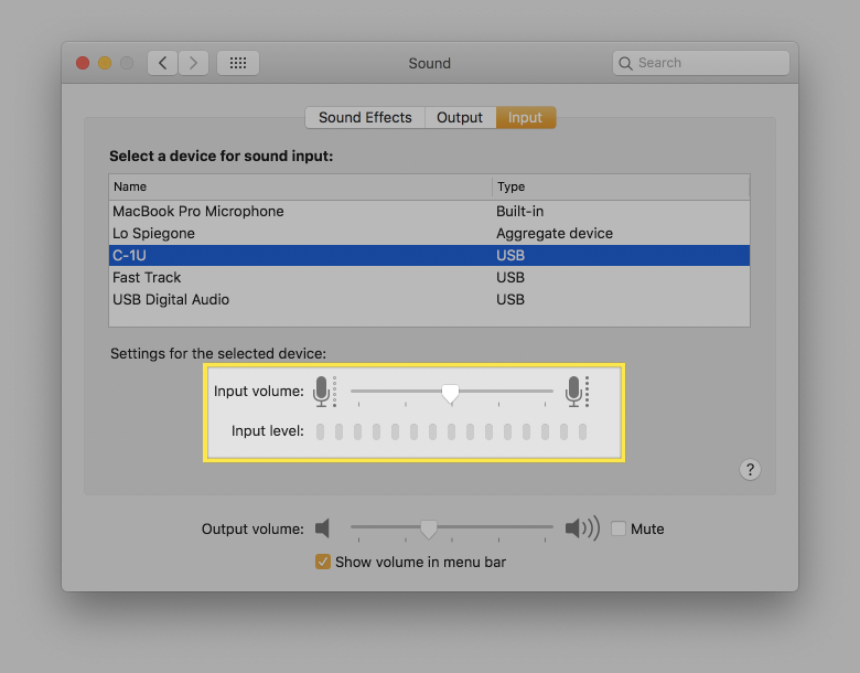 The Sound settings on macOS, showing the input volume controls