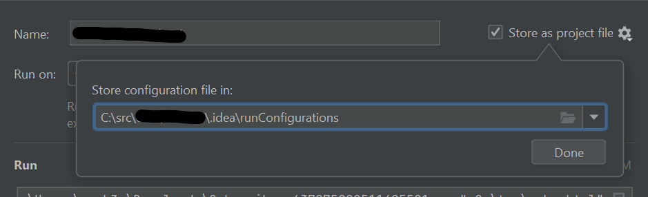 The "store as project file" option for a run configuration