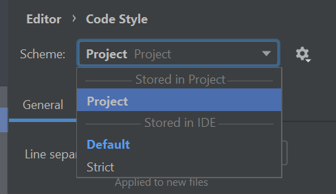 The Editor > Code Style scheme selector, showing the Project scheme as selected.