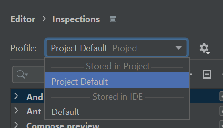 The Editor > Inspections profile picker, showing the Project Default item as selected