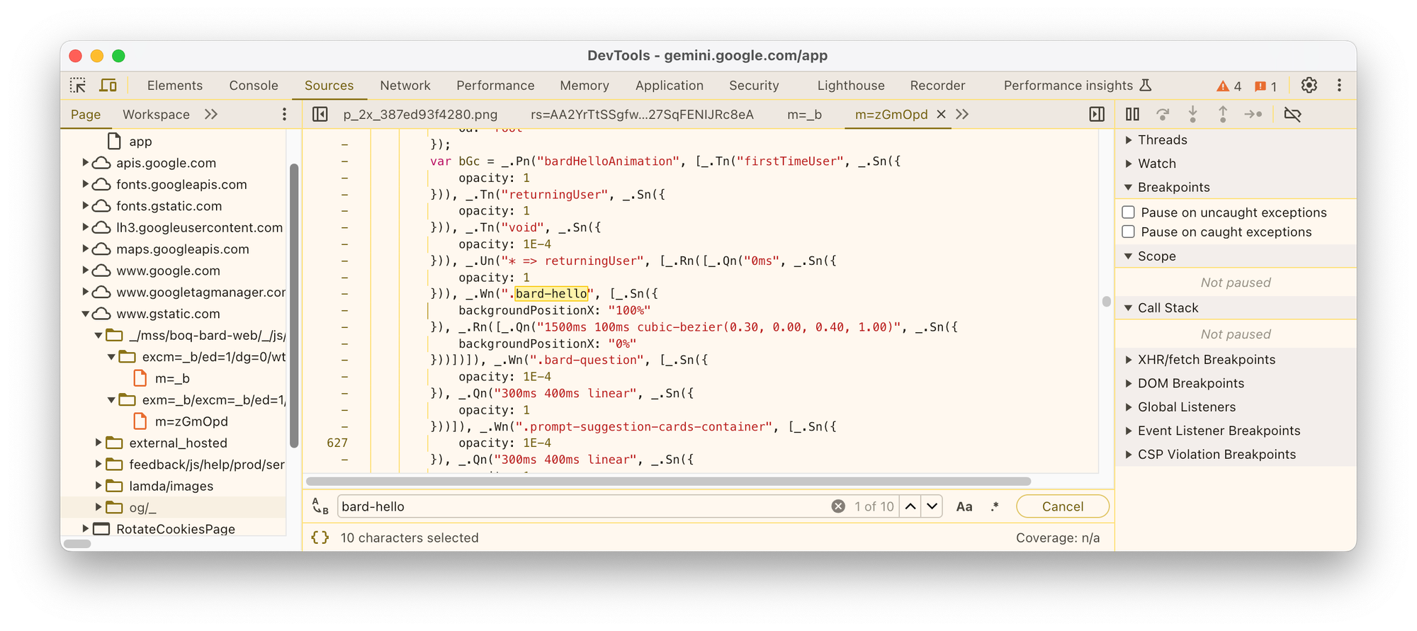 Screenshot of Chrome dev tools showing a match for "bard-hello" in a javascript file